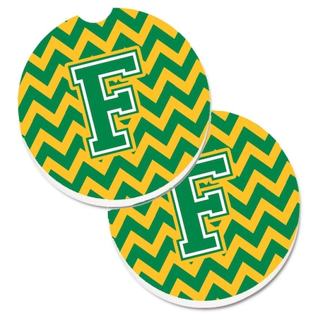 Carolines Treasures Letter F Chevron Green and Gold Set of 2 Cup Holder Car Coaster CJ1059-FCARC
